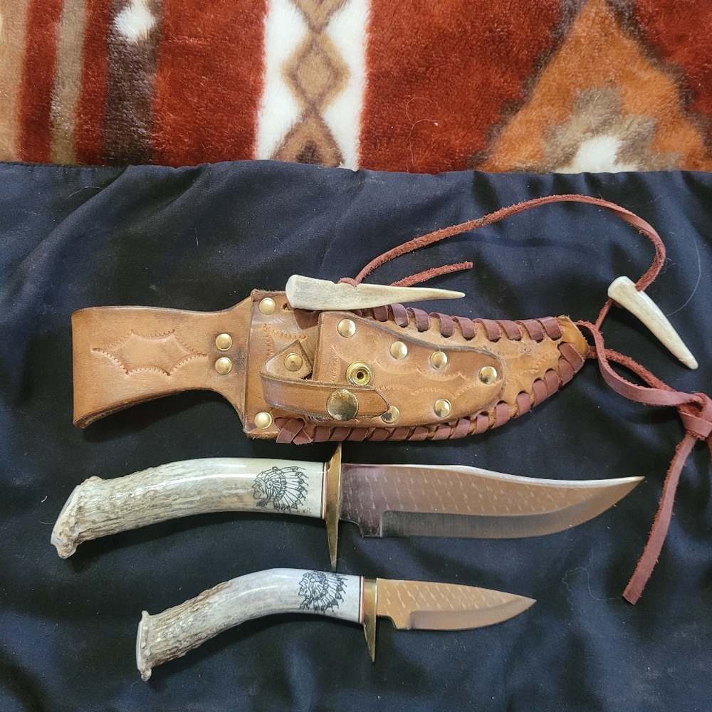 Ken Richardson Custom Made Stag Knife Set With Matching Leather Sheath USA